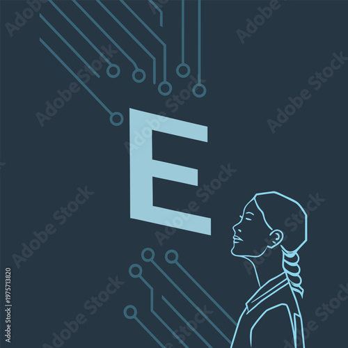 Abstract e with woman looking up at circuit lines letter e looking