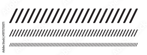 Set of dividers with slanted lines print. Borders with tilted parallel stripes. Embroidery ornament with black angled stitches on white background. Abstract geometric print. Vector illustration