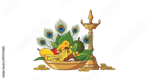 Onam Sadhya illustration featuring traditional elements and harvest bounty