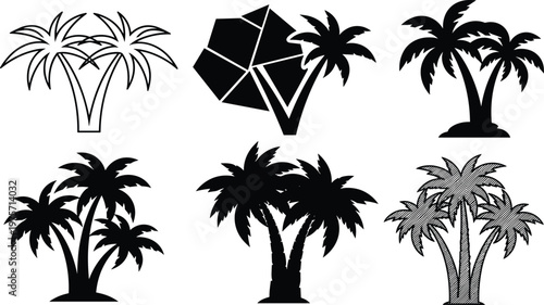 Palm tree silhouettes, tropical island icons, stylized palm artwork, black botanical design, exotic beach illustration, summer vacation symbol, creative nature trees