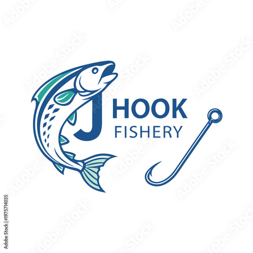 J hook fishery logo with fish and fishing hook recreation outdoors maritime