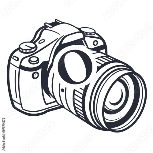 Line art drawing of a dslr camera with lens camera body black and white