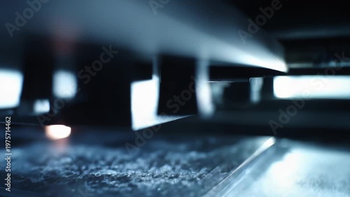 Automated manufacturing machine working with light and material, building complex structures through precise layer application, showcasing modern industrial engineering and future technology