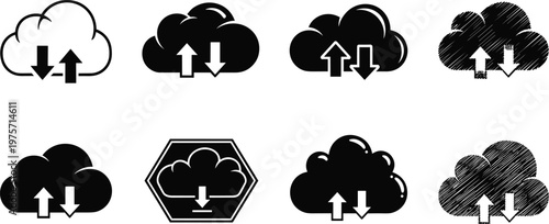 Cloud computing icon, data transfer symbol, upload download arrows, black vector illustration, digital storage, technology design, network sync, internet, server, backup