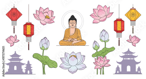Buddha meditating surrounded by lotus flowers and asian lanterns
