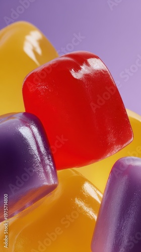 Vibrant Assortment of Chewy Fruit Flavored Candies in Close Up Macro Shot Against a Soft Purple Background with Frosted Texture and Glossy Surface