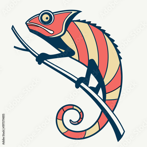 Colorful striped chameleon lizard perched on a tree branch with chameleon