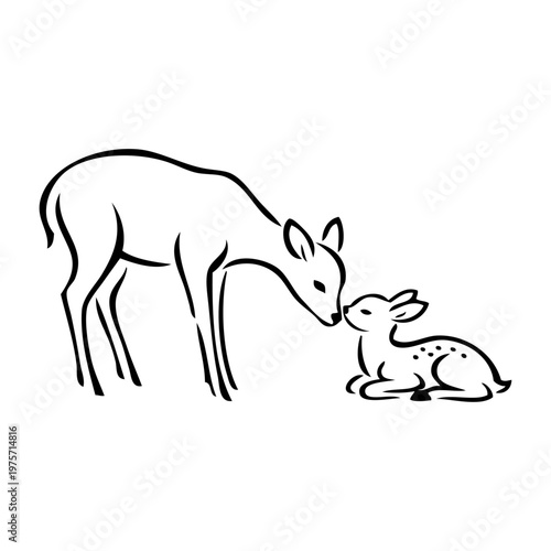 Dibujo minimalista con líneas de una cierva de pie besando a su cervatillo acostado. Concepto de amor maternal