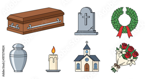 Funeral symbols and elements coffin tombstone church and floral arrangements