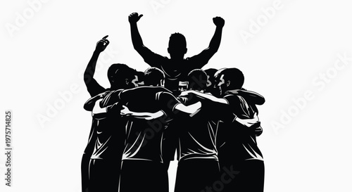 A silhouette of a team celebrating victory with arms raised high