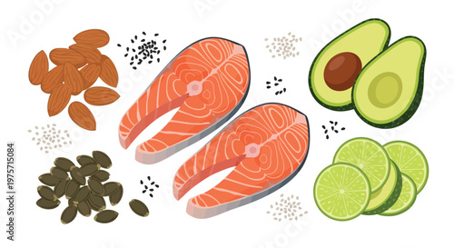 Healthy food arrangement featuring salmon avocado nuts and citrus fruits