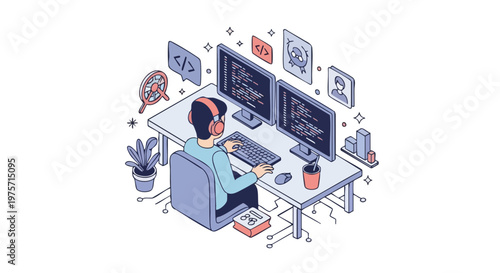 Deep Focus Software Developer Coding at Desk Isometric Vector
