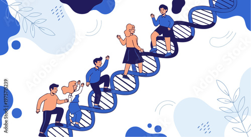 People Climbing DNA Helix for Genetics Exploration