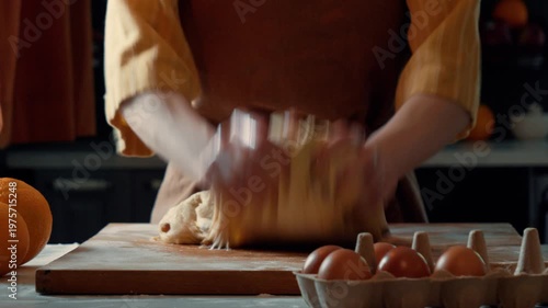 Woman in apron mixing raisin dough for Easter bread in home kitchen