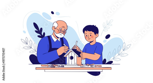 Grandfather and Grandson Building a Birdhouse Together Woodworking