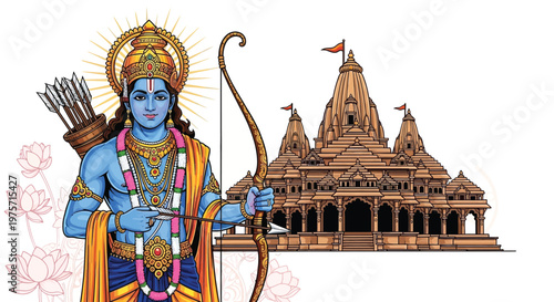 Lord rama a hindu deity stands with bow before a temple