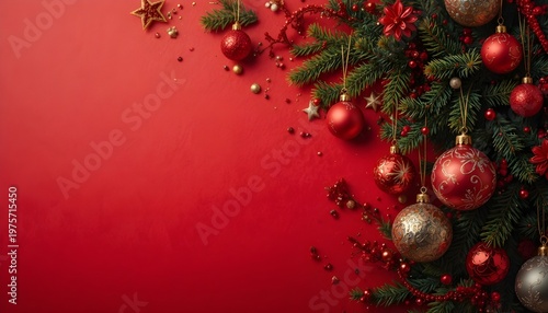 Red Christmas Background with Tree Branch and Baubles