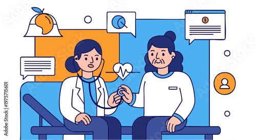 Female doctor examining senior patient heart with stethoscope