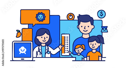 Pediatric Doctor Explaining Growth Milestones to Father and Kids