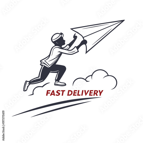 Fast delivery concept illustration with runner and large paper airplane