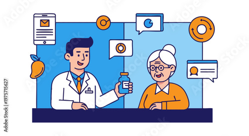 Professional pharmacist providing medication to a senior woman