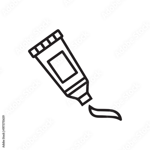 Tube of toothpaste icon with squeezed paste on a white background, simple black line art illustration.
