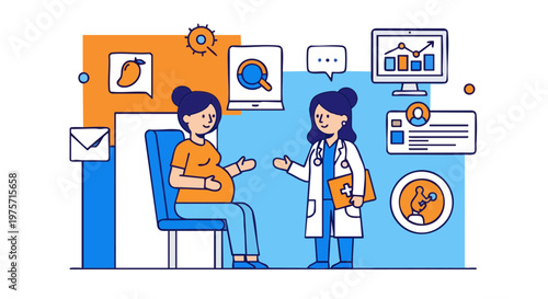 Pregnant woman and doctor during prenatal medical consultation visit