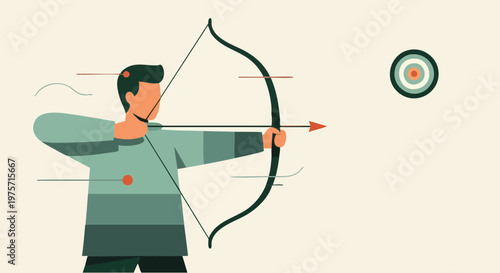 Archer Aiming Bow and Arrow at Bullseye Target Vector Illustration