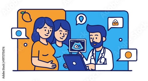 Pregnant lesbian couple at a prenatal ultrasound exam with a doctor