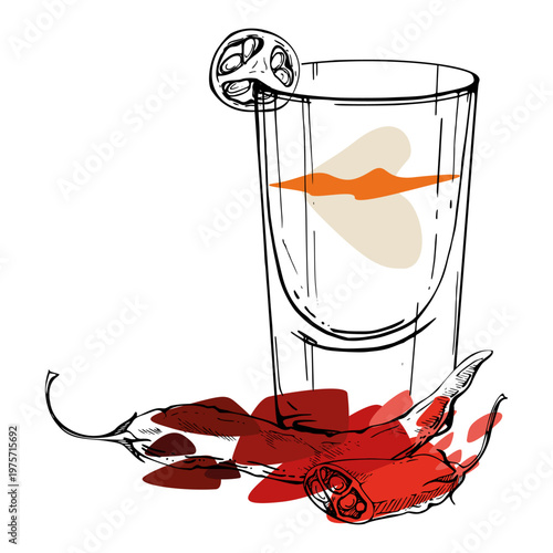 Vector Flatliner alcoholic shot with chili pepper garnish, full and sliced. Red accent on clear spirits or creamy liqueur. Tequila, gin tonic, vodka. Isolated illustration hand drawn for bar menu set.