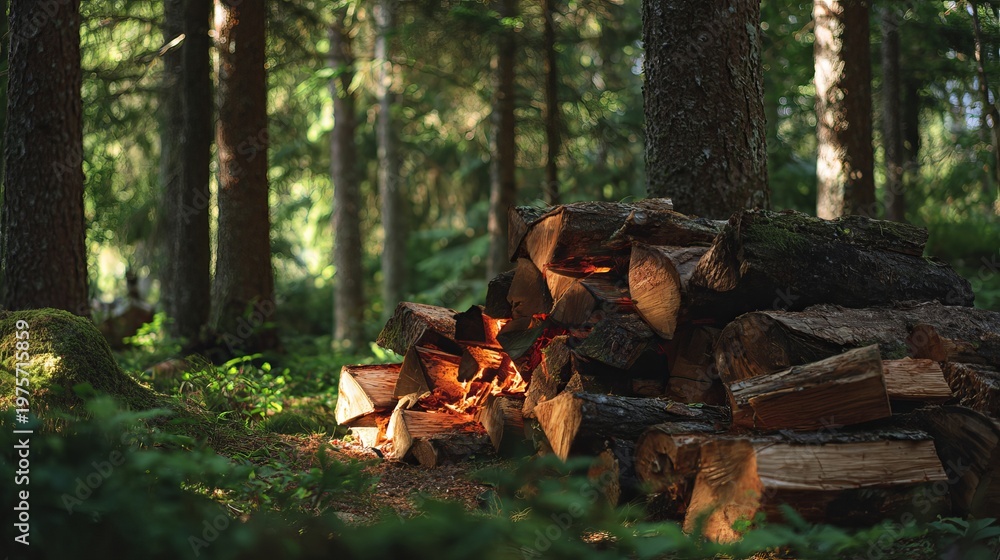 Obraz premium Firewood crackles in a forest clearing.