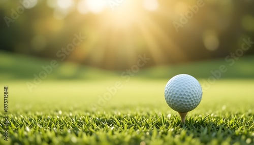 Golf Ball on Tee with Sunlit Lawn – 3D Realistic Background
