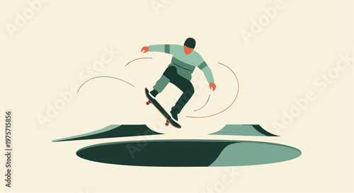 Skateboarder Performing Aerial Trick Over Skate Park Bowl Vector