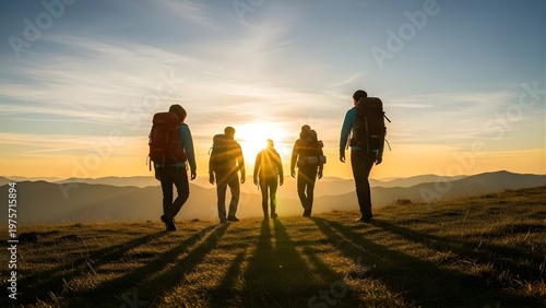 Group of hikers walking towards the sunrise on a mountain top.