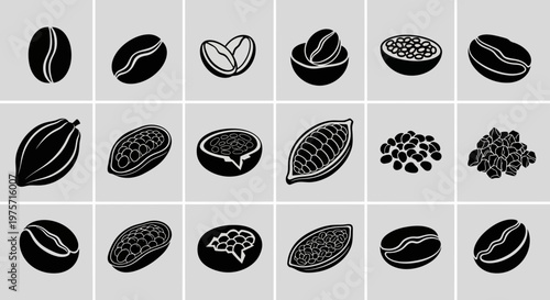 Minimalist coffee bean and cocoa pod icons, set of 18 black vector silhouettes, organic coffee seed and cacao fruit illustrations for cafe branding
