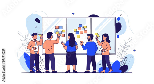 Team Brainstorming and Collaboration with Sticky Notes on Board