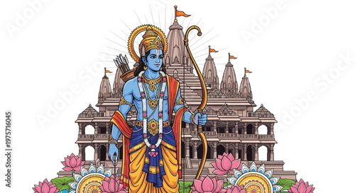 Lord rama depicted with bow and arrow before a grand temple complex