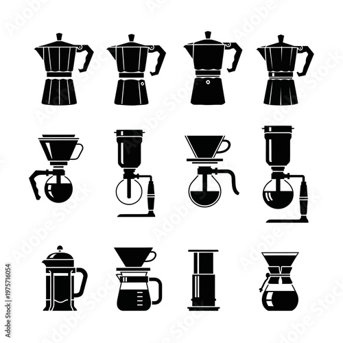 Black coffee maker icons set, professional brewing equipment vector collection, moka pot and french press silhouettes, 12 minimalist cafe symbols