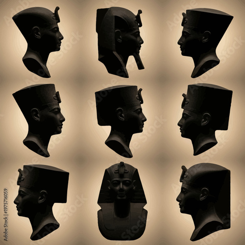 Ancient Egyptian pharaoh bust collection, set of 9 black stone statues in profile and front view, dark basalt sculpture of royalty
