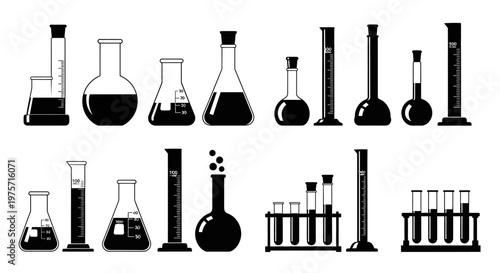 Laboratory glassware vector icons set, chemical beaker and flask silhouettes, scientific research equipment collection for chemistry and biology