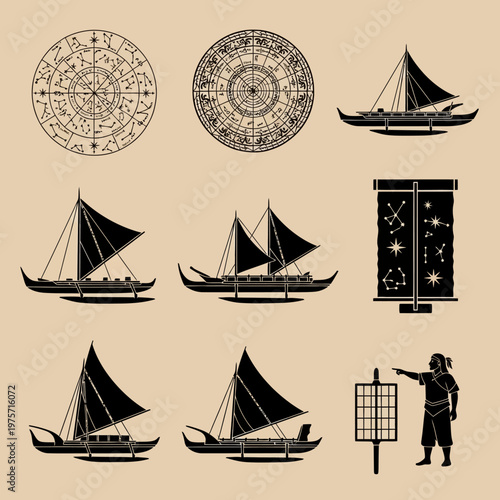 Ancient Polynesian navigation vector set, traditional outrigger canoe silhouettes, celestial star maps and wayfinding icons for maritime history
