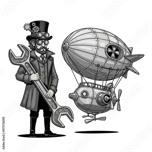 Steampunk engineer character with giant wrench and airship, vintage victorian inventor illustration, retro mechanical dirigible and aviator vector