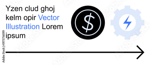 Financial management, technology integration, digital economy, business growth, innovation, workflow efficiency. Black dollar symbol next to a gear with a lightning bolt. Financial management