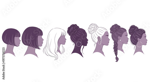Diverse group of women depicted in profile with various hairstyles