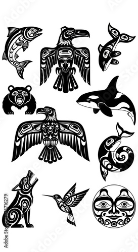 Indigenous Pacific Northwest Coast tribal art vectors, Haida style animal icons set, black and white totem symbols for tattoos and logos