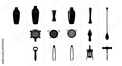 Professional barware tool set icons, black silhouette bartender equipment collection, 14 cocktail making accessories vector illustrations