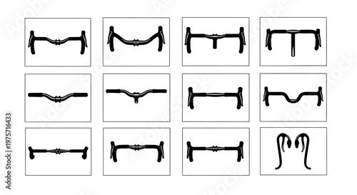 Bicycle handlebar icon set, 12 vector bike steering components, black road and mountain bike handle bars, cycling equipment silhouettes for shop catalogs