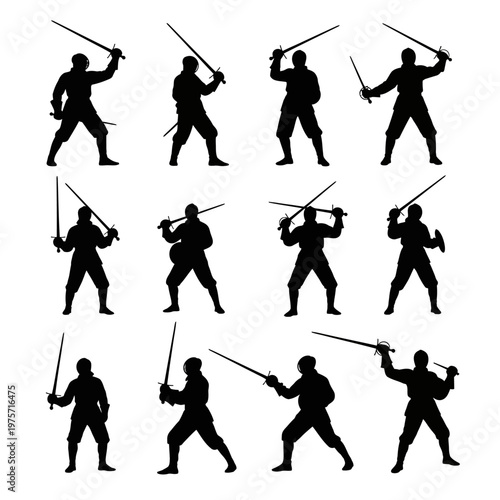 Medieval swordsman silhouette collection, 12 knight warrior vector icons, historical fencing and dueling poses, black soldier figures with swords