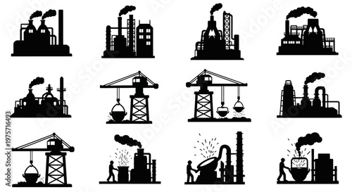 Industrial factory silhouette icons, heavy industry manufacturing plant set, 12 black vector illustrations of power plants and construction cranes