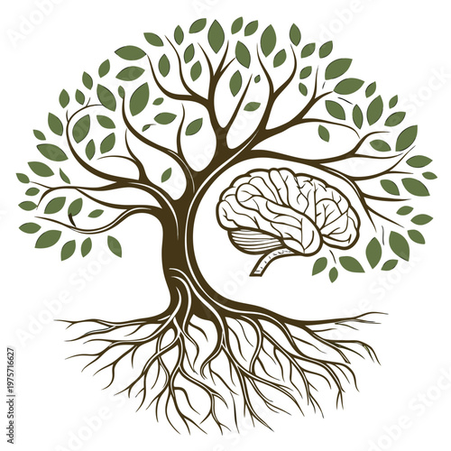 Concept illustration of a tree with a human brain among its branches, knowledge